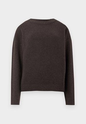 Pullover de gola redonda castanho escuro com mangas longas e punhos e barra canelados, mostrado de costas num fundo branco.