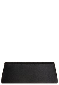 Czarna kopertówka o prostokątnym kształcie, z fakturowanej tkaniny i eleganckim designie. Posiada poziome przeszycia na górnej krawędzi.