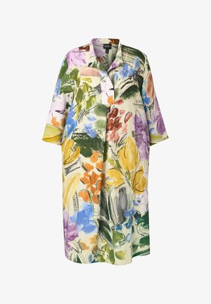 Floral-print, knee-length dress in various colors including purple, yellow, and green. Made from lightweight fabric with a collared neckline.
