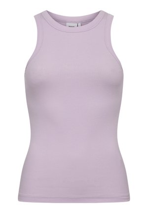 Přiléhavé bezrukávové žebrované tílko v světle levandulové barvě s kulatým výstřihem a jednobarevným provedením.