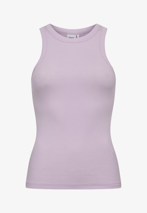 Přiléhavé bezrukávové žebrované tílko v světle levandulové barvě s kulatým výstřihem a jednobarevným provedením.
