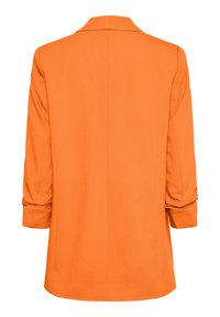 Oranžový blazer s klopovým límcem, dlouhými rukávy a rovný střih. Vyroben z hladké tkaniny, má ohrnuté manžety a čistý design zadní části.