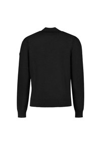 Zwarte gebreide trui met een ronde hals, lange mouwen en geribde manchetten en onderkant. Soepele textuur zonder zichtbare patronen of hardware.