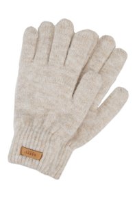 Guantes de punto beige claro con una textura suave. Cuenta con un puño acanalado y una etiqueta de cuero marrón etiquetada "BARTS". Diseño de cinco dedos.