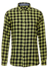 Flanel shirt in groen en zwart ruitpatroon. Kenmerkt zich door een klassieke kraag, knoopsluiting vooraan en lange mouwen. Zachte textuur.