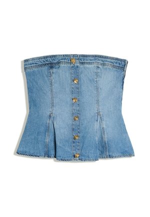 Top corset en denim bleu avec boutons dorés en forme de cœur à l'avant et détails de couture, évasé légèrement en bas.