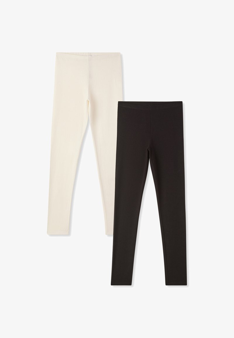 Dwie pary legginsów: jedna w kolorze kremowym, a druga czarna. Obie są lekkie, elastyczne i mają gładką strukturę oraz elastyczny pas w talii.