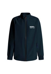 Veste bleu marine avec un col montant, fermeture éclair intégrale, poignets élastiques et un logo sur la poitrine. Deux poches avec des accents bleus. Matériau léger.
