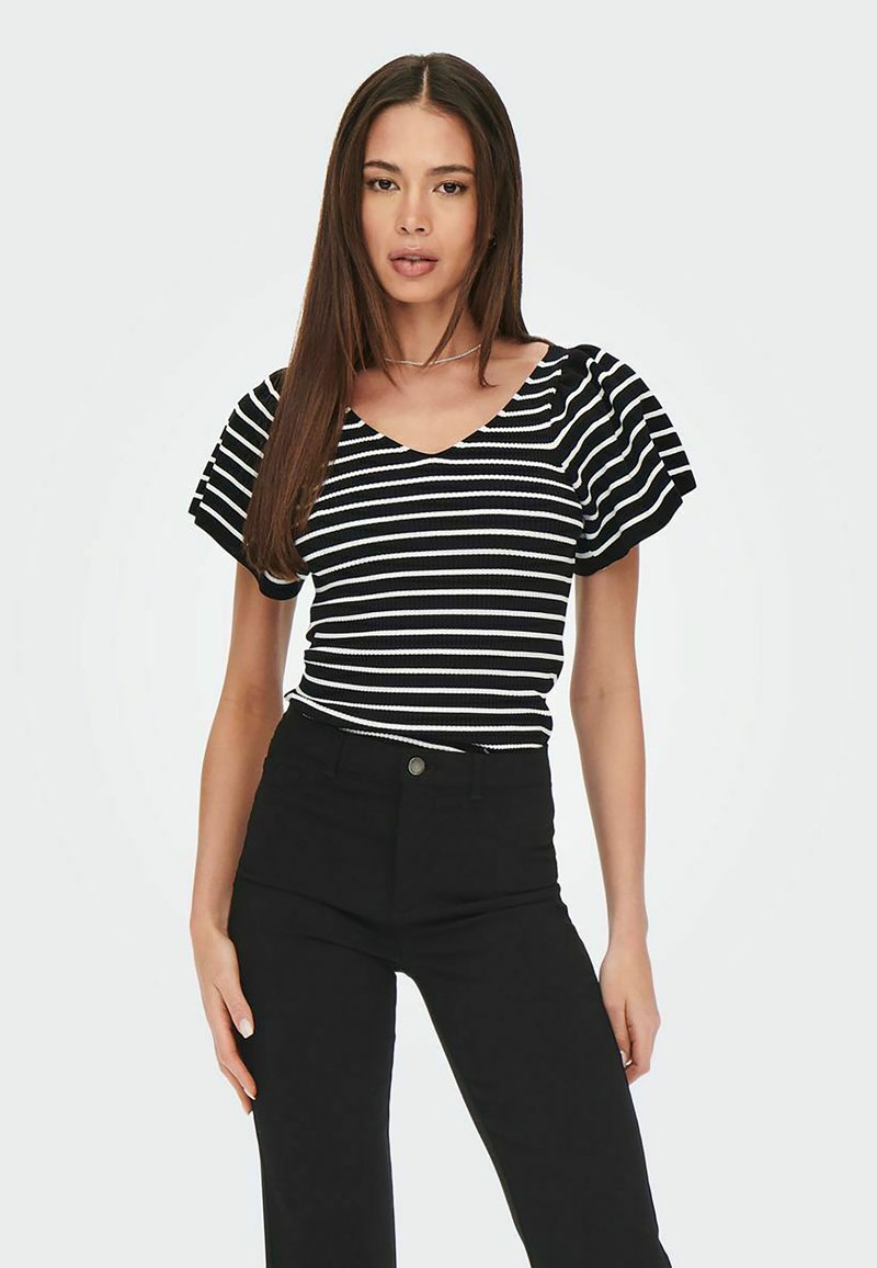 ONLY - ONLLEELO STRIPE BACK V NECK - T-shirts print - black, Forstør