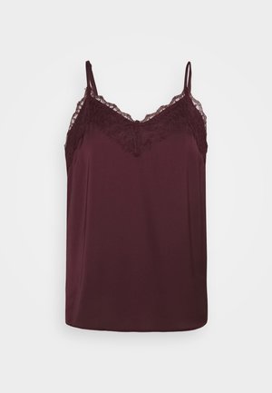 Bordeauxfarvet camisole lavet af glat stof, med en delikat blondekant langs udskæringen og justerbare tynde stropper.