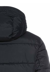 Schwarze Daunenjacke mit Kapuze, mit gesteppten Abschnitten, glatter Textur und hohem Kragen für zusätzliche Wärme.