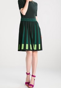 Robe verte plissée avec un haut uni vert foncé, des accents vert vif contrastants à l'ourlet, associée à des sandales à talons hauts fuchsia.