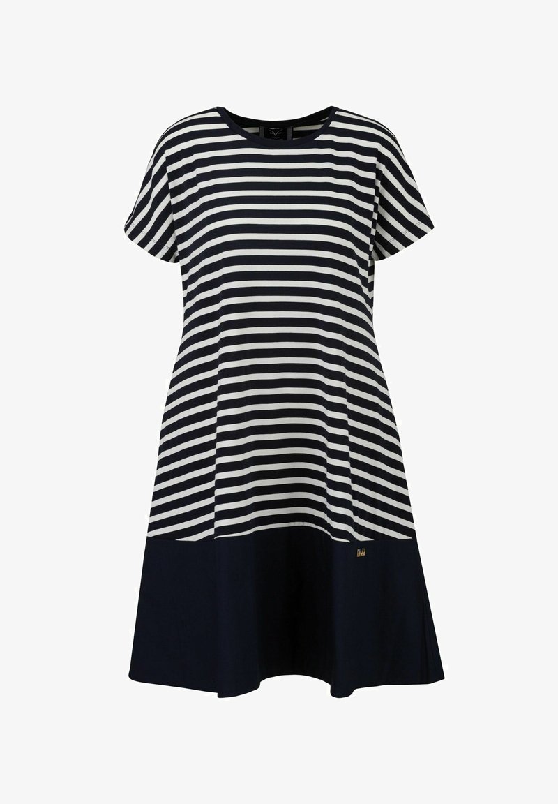 Gestreiftes Kleid in Marineblau und Weiß, kurze Ärmel, runder Ausschnitt, ausgestellter Schnitt, unterer Abschnitt in einfarbigem Marineblau, dezente goldene Markenverzierung am Saum.