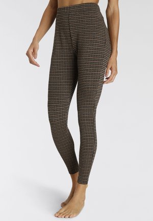 High-waisted leggings with a houndstooth pattern in brown and black. Made from stretchy fabric, fitted design, ankle-length.
