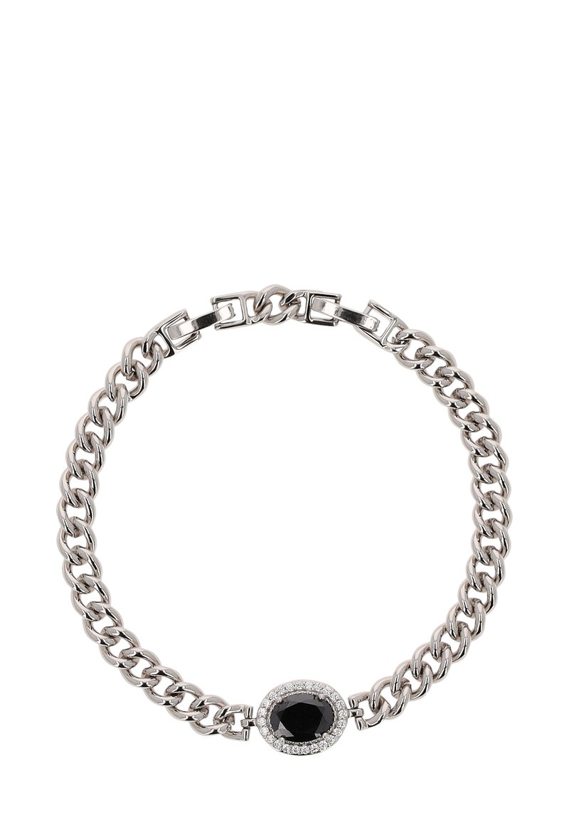 Srebrna bransoleta z łańcuchem, ozdobiona owalnym czarnym kamieniem szlachetnym otoczonym małymi, przezroczystymi kryształkami, z polerowanymi ogniwami i pewnym zapięciem.