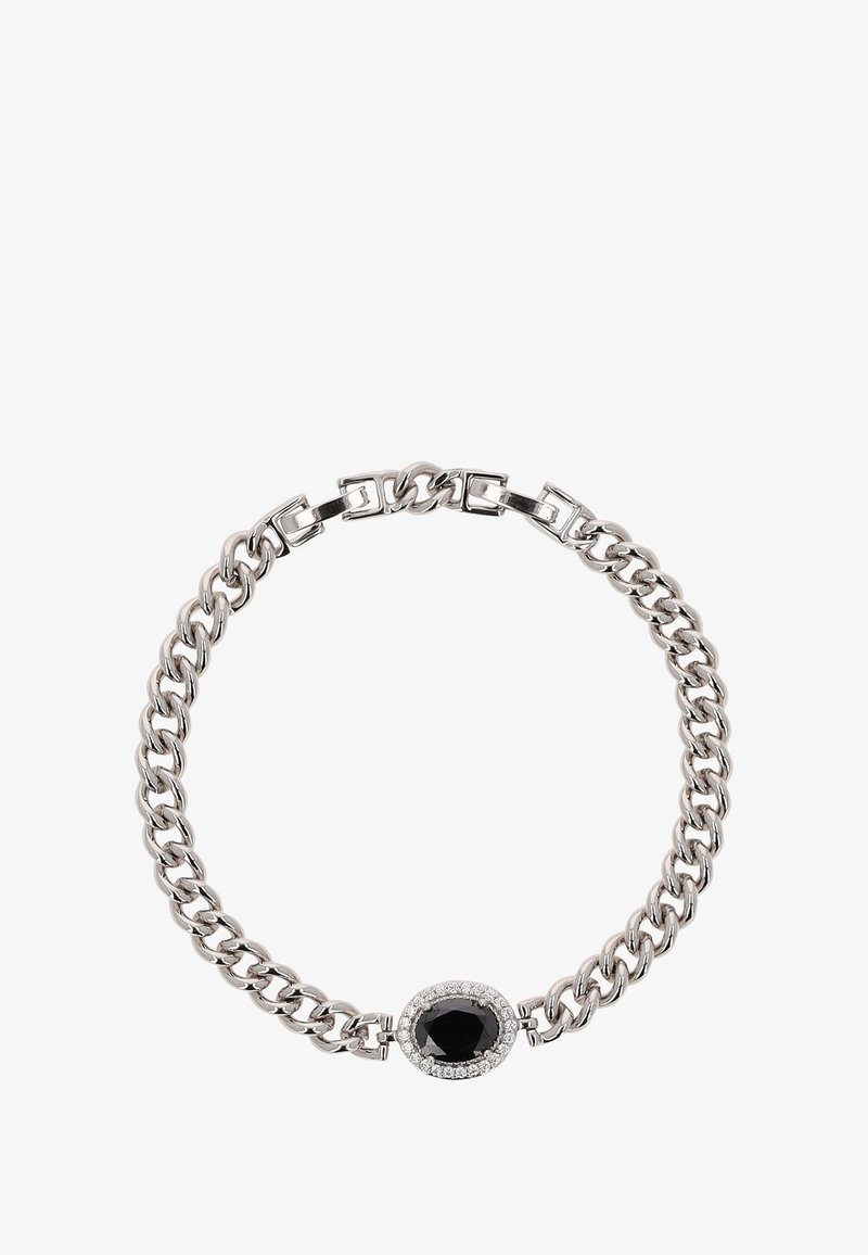 Srebrna bransoleta z łańcuchem, ozdobiona owalnym czarnym kamieniem szlachetnym otoczonym małymi, przezroczystymi kryształkami, z polerowanymi ogniwami i pewnym zapięciem.