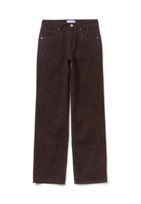Jeans in denim marrone con un motivo a leopardo scuro, design a gamba dritta, stile a cinque tasche e dettagli in metallo argentato.