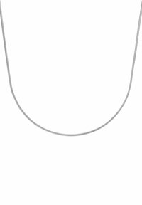 Srebrny metalowy naszyjnik łańcuszkowy z wzorem w rybie łuski, cienki, elastyczny design i wypolerowane wykończenie, z gładką i błyszczącą fakturą.