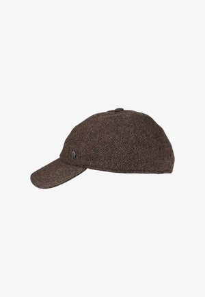 Barna herringbone sapka ívelt csúccsal, texturált anyagból készült. Oldalt egy kis logó részlet található.