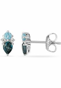 Silber Ohrringe mit einem tropfenförmigen, dunkelblauen Edelstein, flankiert von zwei hellblauen, runden Steinen und kleinen, klaren Akzenten. Filigrane Fassung.