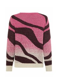 Strickpullover mit wellenförmigem Muster in Rosa-, Dunkelbraun- und Cremetönen. Rundhalsausschnitt und gerippter Saum.