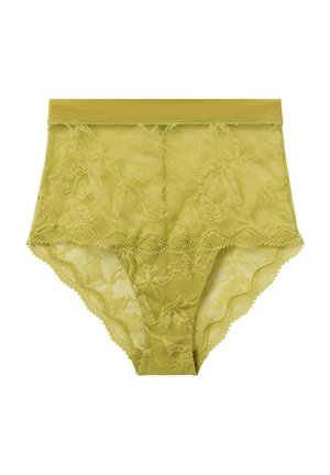 Jasnozielona koronkowa bielizna wysoka w talii z kwiatowym wzorem, falbaniastymi krawędziami i miękką elastyczną talią. Przezroczysta struktura na całej powierzchni.