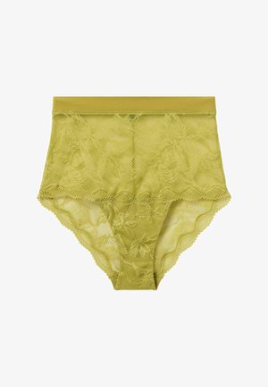 Hellgrüne Spitzen-Höschen mit hoher Taille, blumenmuster, gewellten Kanten und einem weichen, elastischen Bund. Durchsichtiger Stoff insgesamt.