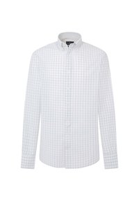 Camicia bianca con pattern a rete, dotata di colletto e maniche lunghe. Realizzata in un tessuto leggero con una texture liscia.