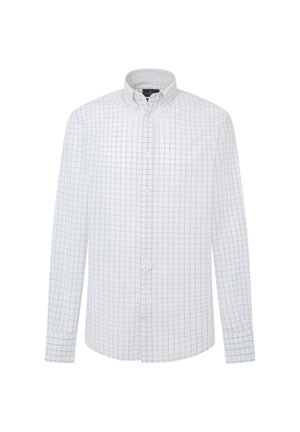 Biela košeľa na gombíky s mriežkovaným vzorom, so golierom a dlhými rukávmi. Vyrobená z ľahkej látky s hladkou textúrou.