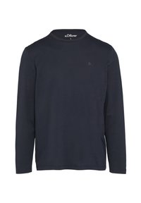 Navyblaue Langarm-T-Shirt aus Baumwolle mit rundem Halsauschnitt. Verfügt über ein kleines Logo auf der Brust und einen geraden Saum.