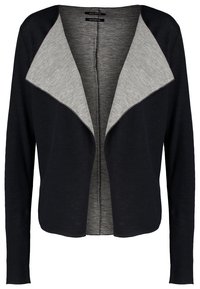 Svart cardigan med en grå inre krage, med en sjalkrage-design, långa ärmar och rak skärning genom hela plagget. Mjuk textur.