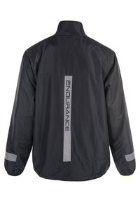 Veste légère noire avec des accents réfléchissants, col haut et manches longues ; présente un motif en mailles et un logo dans le dos.