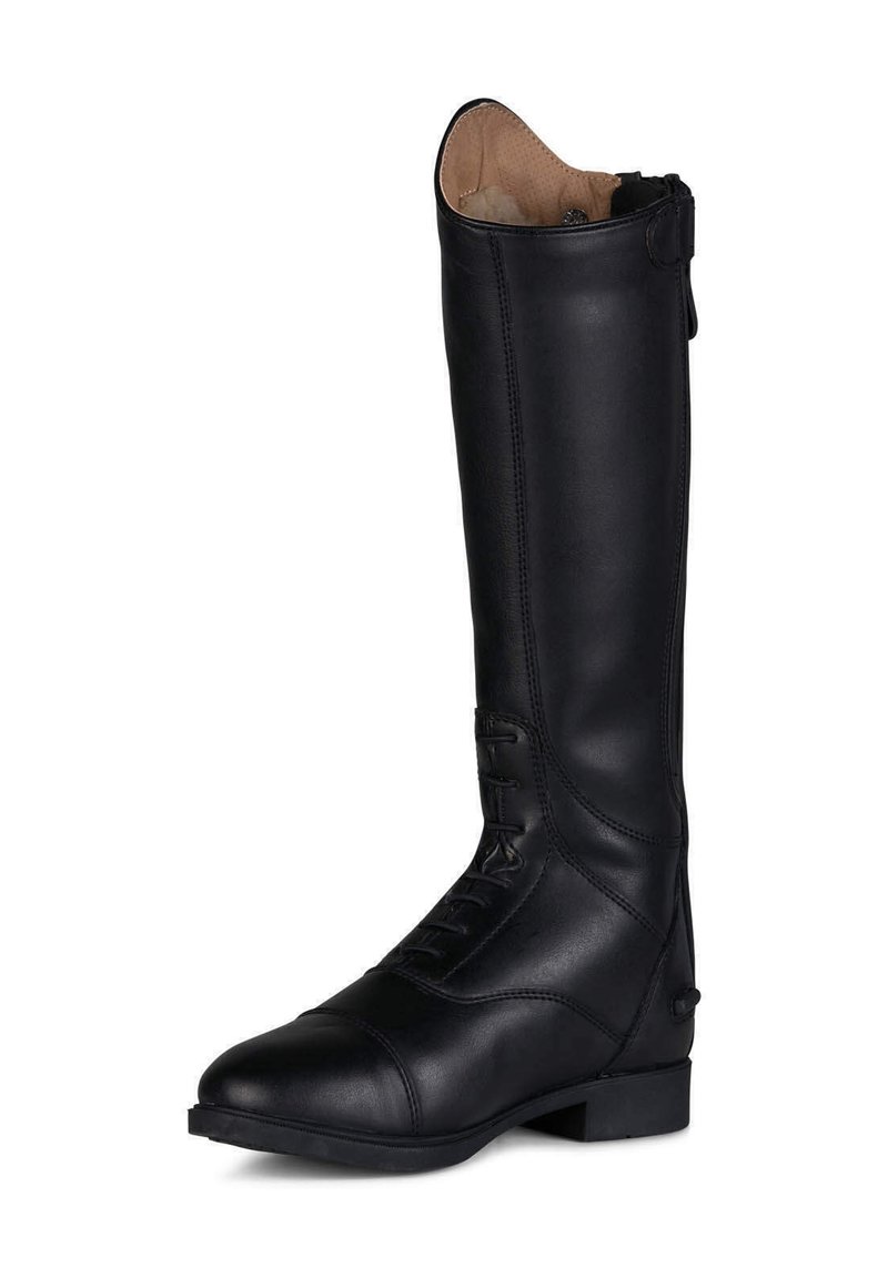 Bota de montar de cuero negro con un alta caña, cierre de cordones en la parte delantera, punta redondeada, suela plana y un zipper lateral para fácil colocación. Textura suave en toda su superficie.