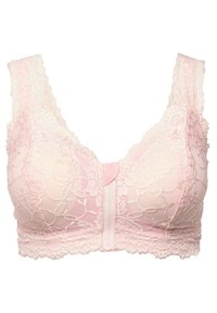 Kant bralette in lichtroze met bloemenpatronen, gegolfde randen en een sluiting aan de voorkant. Met brede banden en een zachte, textuurrijke stof.