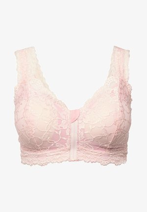 Spitzen-Bralette in Hellrosa mit floralem Muster, gewellten Kanten und einem Frontverschluss. Mit breiten Trägern und weichem, strukturiertem Stoff.