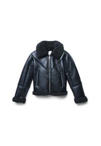 Giubbotto in pelle nera con colletto, polsini e orlo in shearling spesso, dotato di una cerniera frontale e due tasche laterali con cerniera.