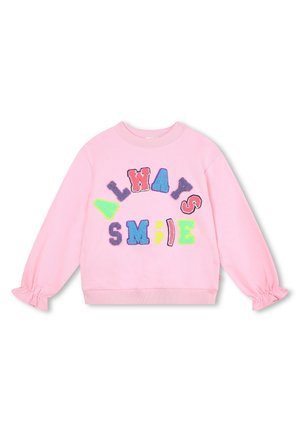 Rosa Langarmpullover mit gerafften Bündchen und bunten, strukturierten Buchstaben, die vorne bogenförmig und in einer Linie den Schriftzug "ALWAYS SMILE" bilden.