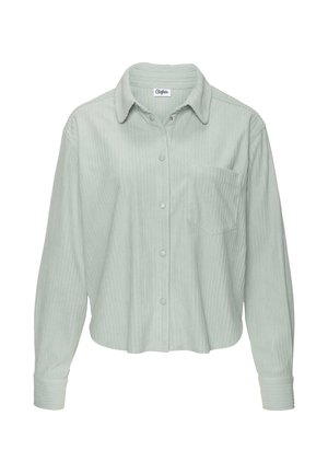 Hellgrünes Cordhemd mit langen Ärmeln, Kragen, Druckknöpfen vorne, Brusttasche und gerippten Bündchen.