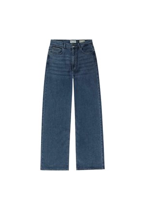 Brede denim jeans in donkerblauw, gemaakt van stevig katoen. Kenmerkt zich door een klassieke vijf-pocket ontwerp en een ritssluiting met knoopsluiting.