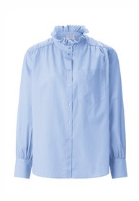 Striped blue blouse with a ruffled high collar, button front, long sleeves, and a chest pocket featuring a horizontal stripe pattern.