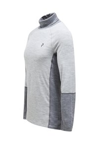 Maglia grigia a maniche lunghe con colletto alto, dettagli in grigio scuro a contrasto sulle maniche e una sottile texture melangiata. Logo sulla parte anteriore sinistra.