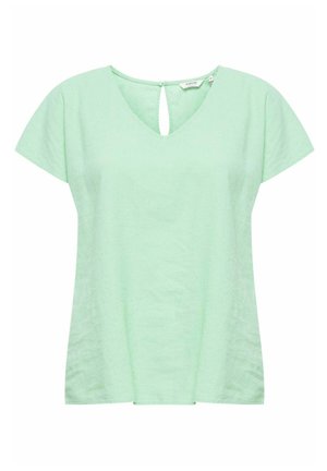 Blouse vert clair à manches courtes avec encolure en V et petite fermeture bouton œillet au niveau du col arrière.