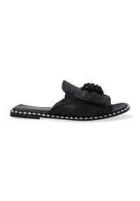Zwarte slide-sandalen met een leren bovenwerk, mesh-accenten en een decoratieve beveren strik, met een studsrand langs de buitenkant.