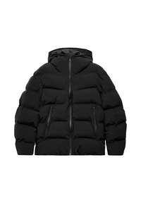 Giacca a vento nera con cappuccio, caratterizzata da sezioni trapuntate, chiusura con zip frontale e due tasche laterali con zip. Finitura liscia e lucida.