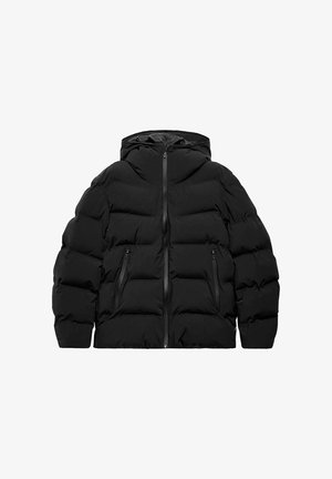 Schwarze Pufferjacke mit Kapuze, mit gesteppten Abschnitten, vorderem Reißverschluss und zwei seitlichen Reißverschlusstaschen. Glatte, glänzende Oberfläche.