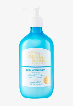Blue bottle of Bondi Sands body moisturizer with a white pump, enriched with Vitamin E, jojoba, and coconut scent, 500ml size.