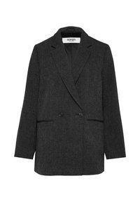 Black, double-breasted blazer with a notched collar, made from textured fabric. Features two buttons and side pockets.