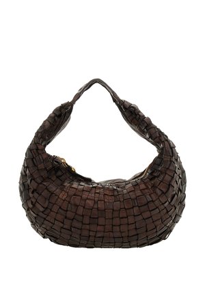 Borsa hobo in pelle marrone scuro con motivo intrecciato e singola tracolla curva, con chiusura con cerniera dorata.