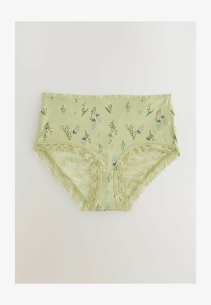 Grønne blomsterede trusser med blonderkant langs kanterne. Materialerne virker bløde med en glat tekstur og justerbar talje.