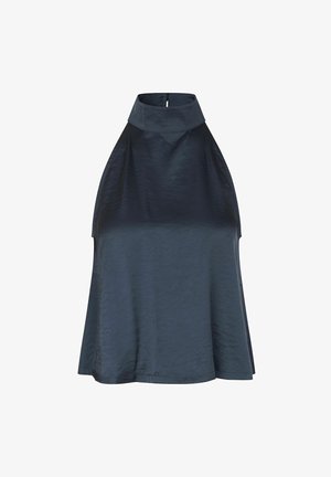 Varrukateta tumesinine kaelusega topp, millel on kõrge kaelus ja lahtine, voogav lõige.